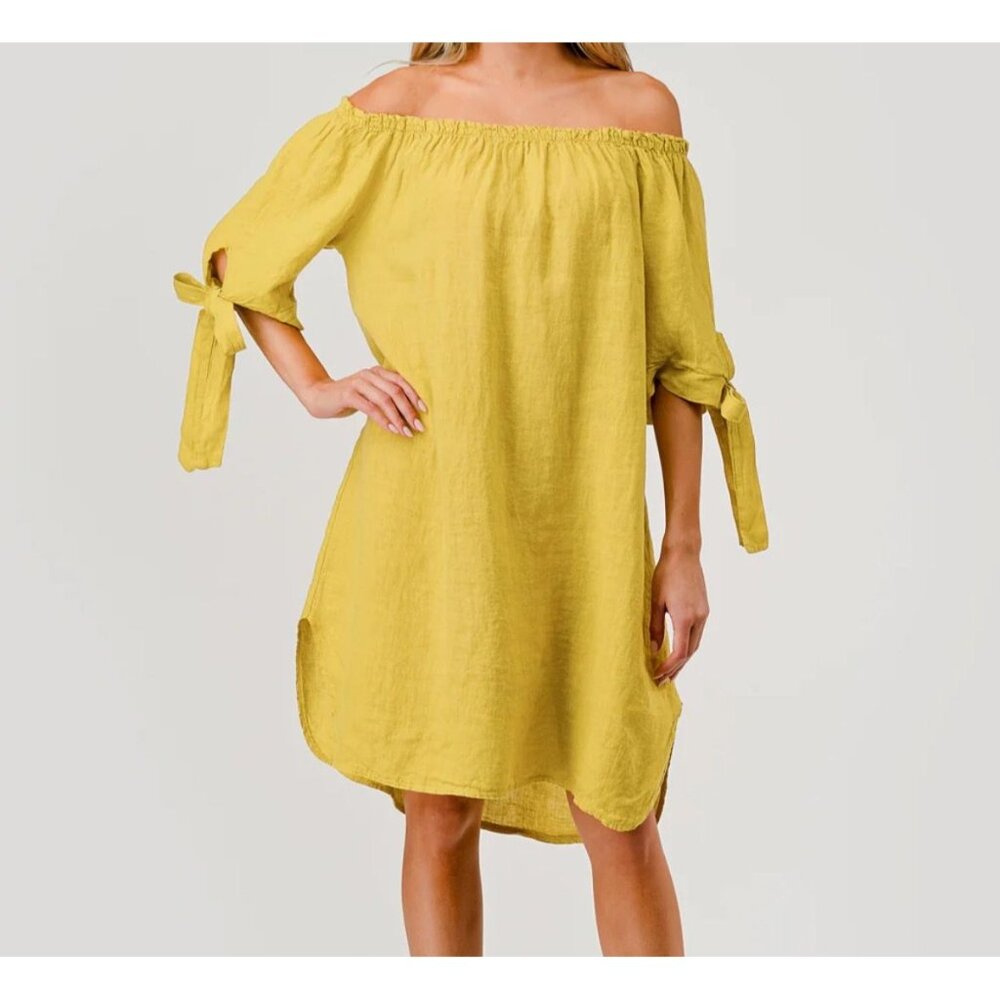 Alexandre Laurent Linen Short Dress Off Shoulder Sleeve Ties Yellow Sz M